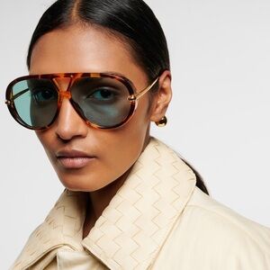 New! Bottega Veneta BV1273S 007 Tortoiseshell Aviator Sunglasses with Blue Lens